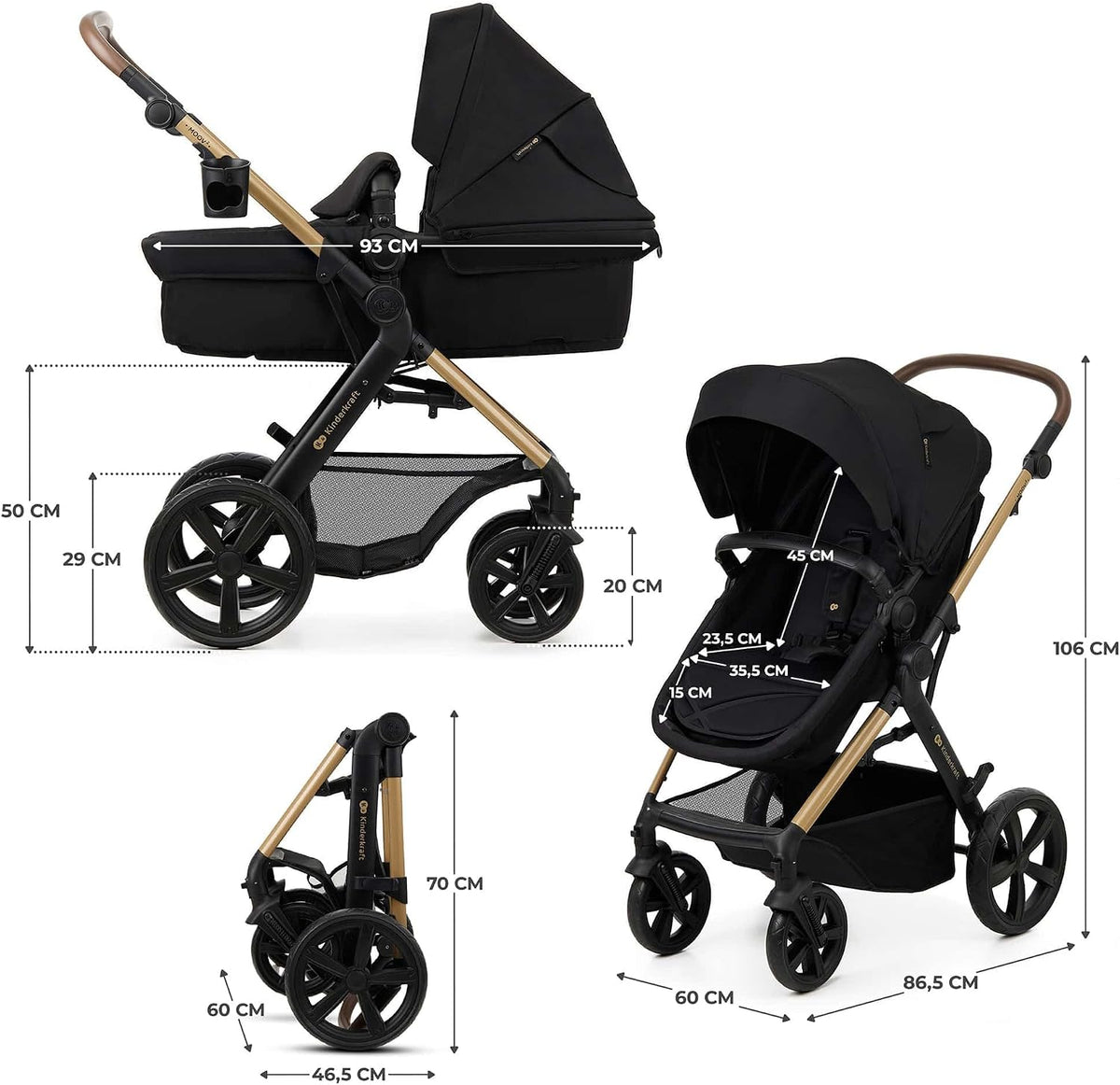 Kinderkraft MOOV 2 Pushchairs 3-in-1 Pushchair Set up to 22 kg with Child Seat I-Size 40-75 cm, Buggy Function, Adjustable Reclining Position, Large Extendable Hood, EVA Foam Wheels, Black