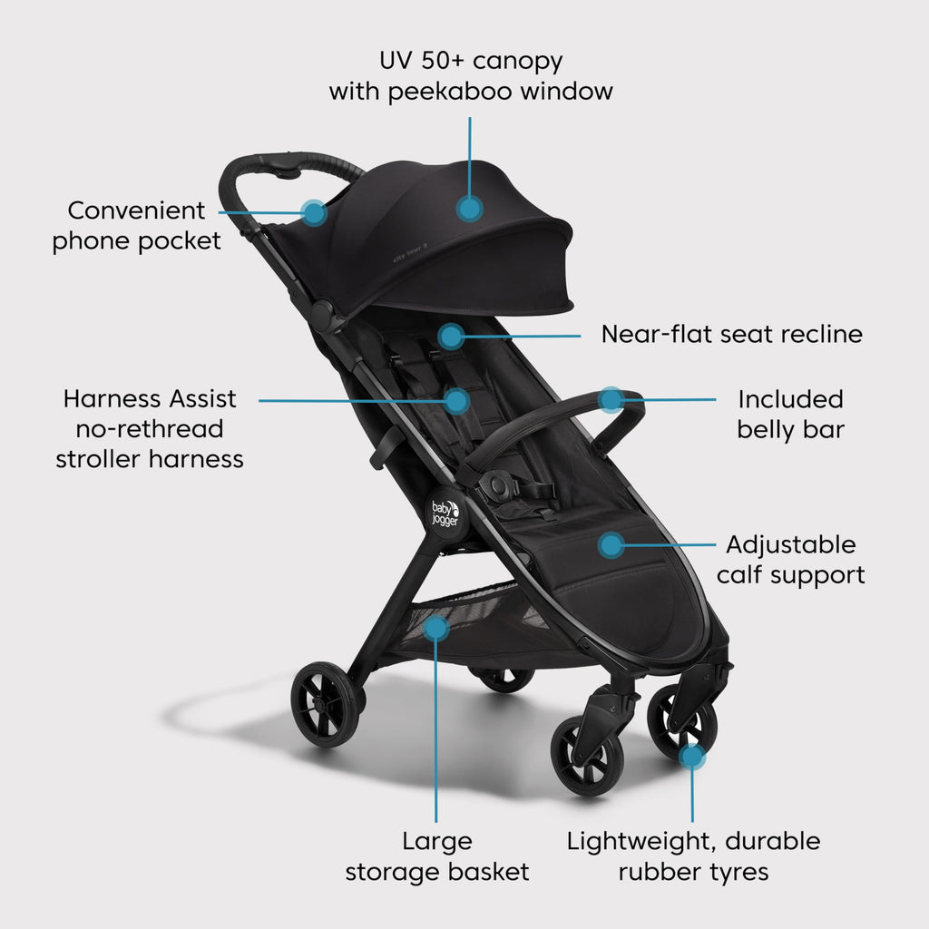 Baby Jogger City Tour 2 Travel Stroller | Ultra-Lightweight, Foldable & Compact Pushchair Buggy | Pitch Black