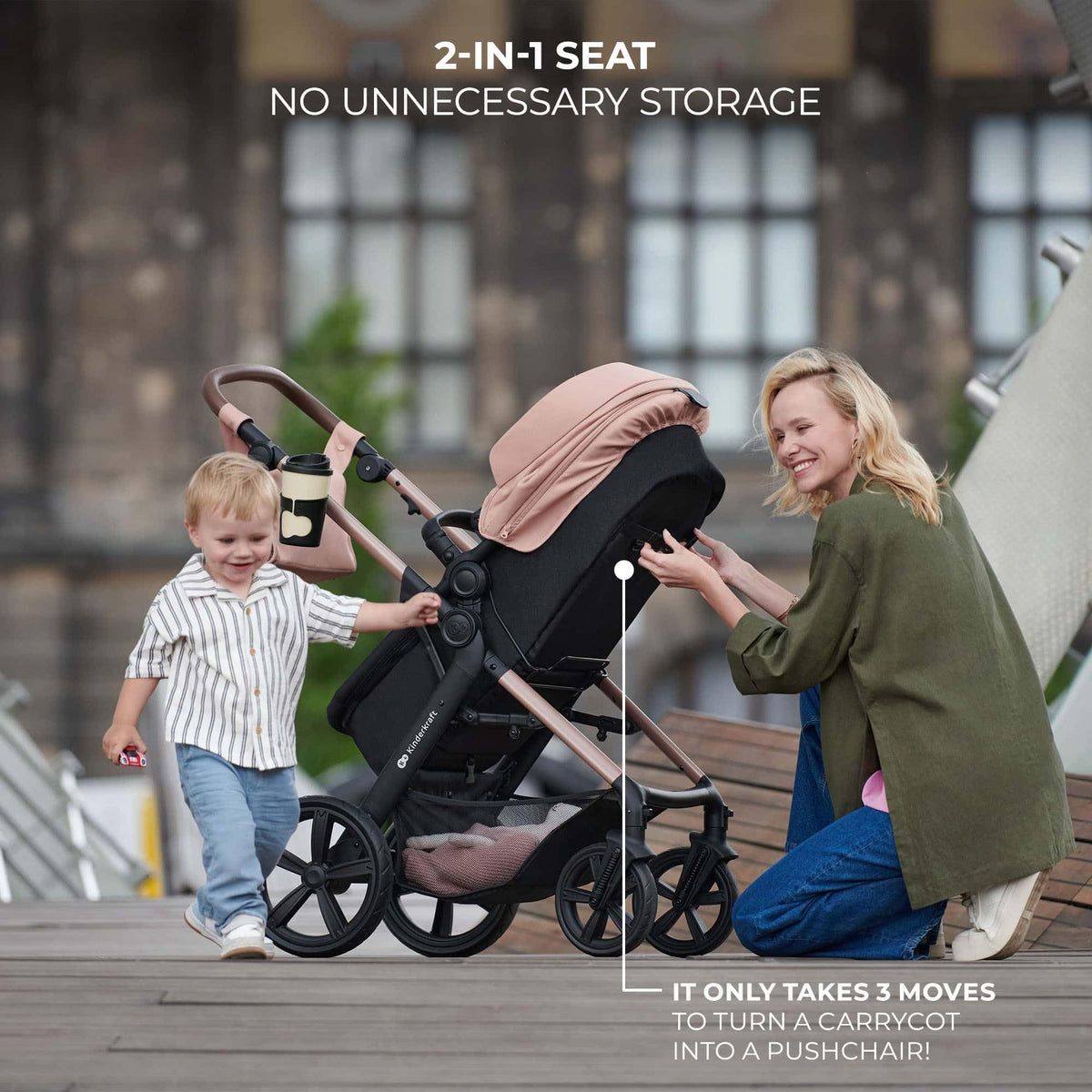 Kinderkraft MOOV 2 Pushchairs 3-in-1 Pushchair Set up to 22 kg with Child Seat I-Size 40-75 cm, Buggy Function, Adjustable Reclining Position, Large Extendable Hood, EVA Foam Wheels, Black