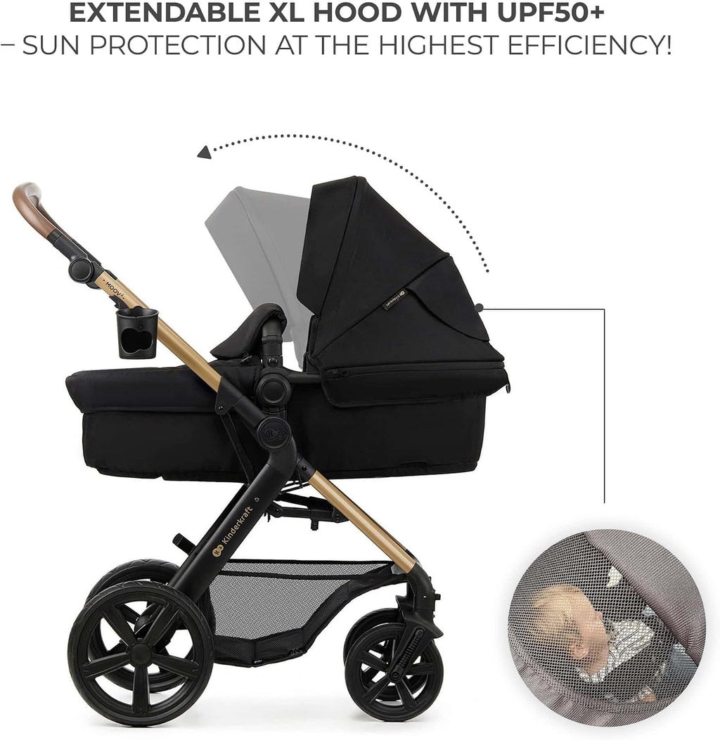 Kinderkraft MOOV 2 Pushchairs 3-in-1 Pushchair Set up to 22 kg with Child Seat I-Size 40-75 cm, Buggy Function, Adjustable Reclining Position, Large Extendable Hood, EVA Foam Wheels, Black