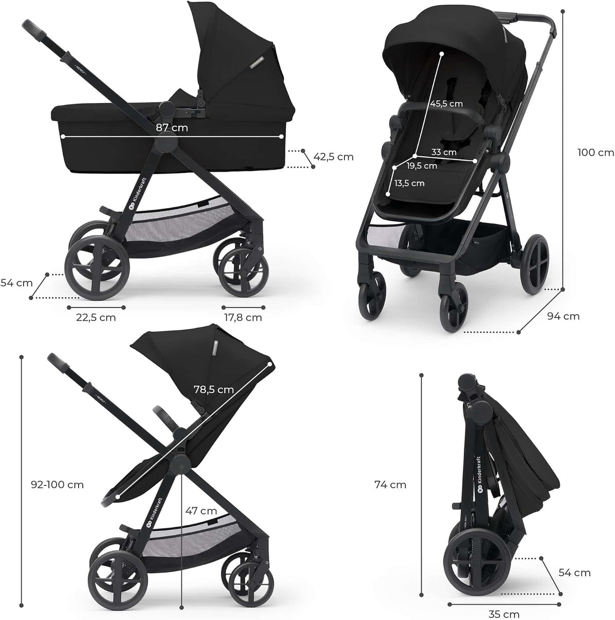 Kinderkraft Newly 4 in 1, Stroller, Pushchair, Travel System, Pram, Newborn Baby, Large Hood, Accessories, Easy Folding, Included Car Seat with ISOFIX Base, from Birth up to 22 kg, Black
