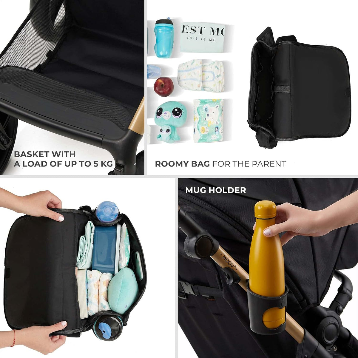 Kinderkraft MOOV 2 Pushchairs 3-in-1 Pushchair Set up to 22 kg with Child Seat I-Size 40-75 cm, Buggy Function, Adjustable Reclining Position, Large Extendable Hood, EVA Foam Wheels, Black