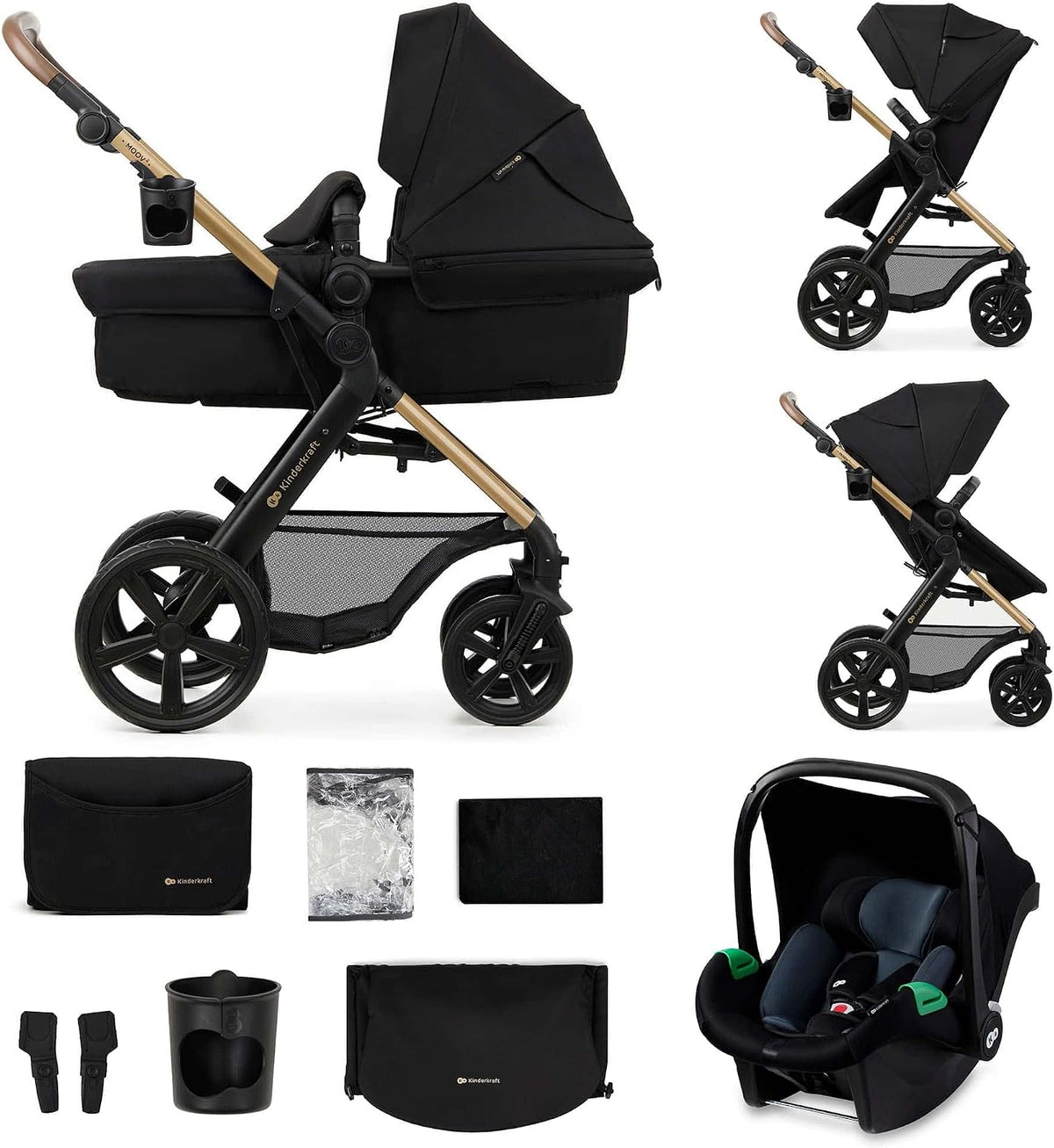 Kinderkraft MOOV 2 Pushchairs 3-in-1 Pushchair Set up to 22 kg with Child Seat I-Size 40-75 cm, Buggy Function, Adjustable Reclining Position, Large Extendable Hood, EVA Foam Wheels, Black