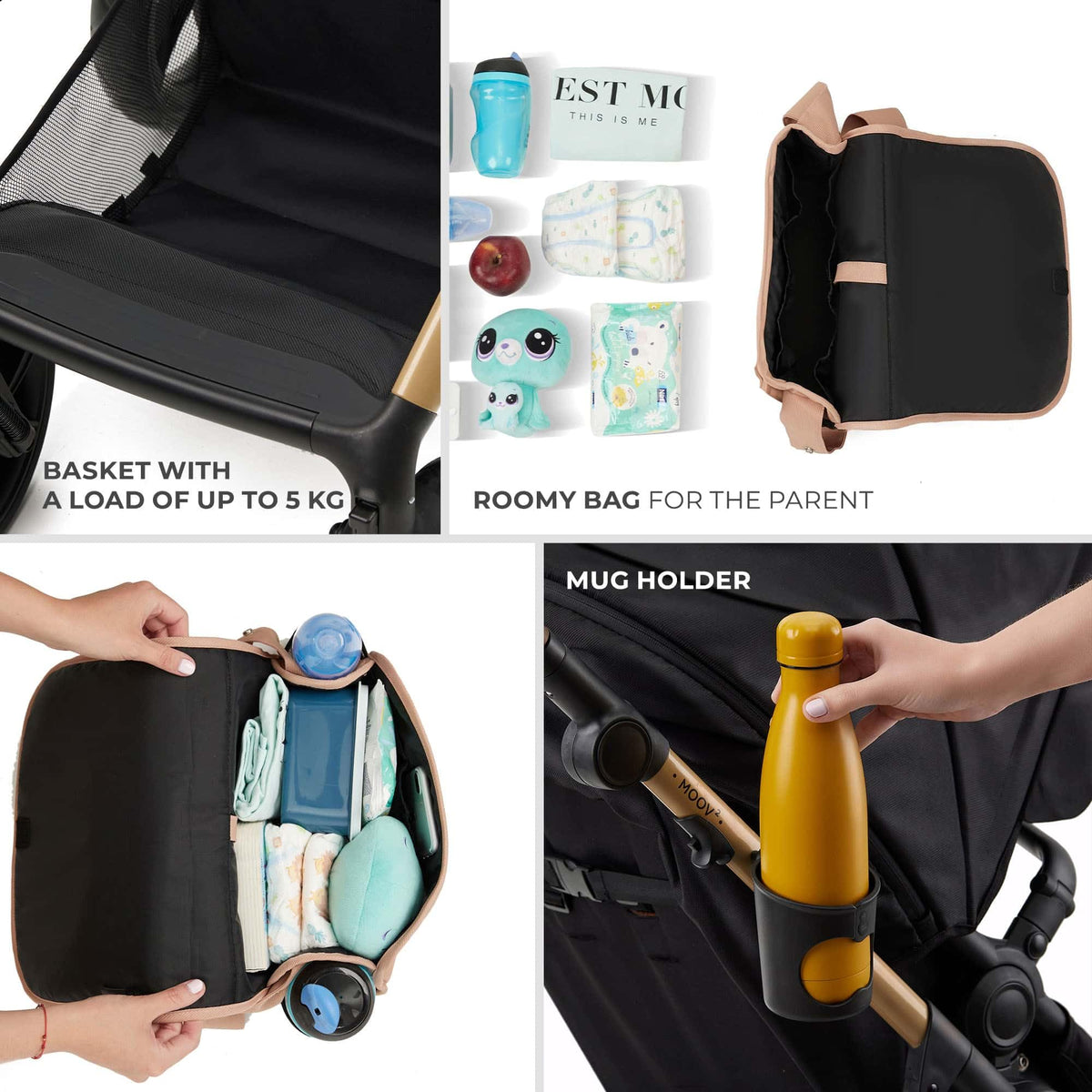 Kinderkraft MOOV 2 Pushchairs 3-in-1 Pushchair Set up to 22 kg with Child Seat I-Size 40-75 cm, Buggy Function, Adjustable Reclining Position, Large Extendable Hood, EVA Foam Wheels, Black