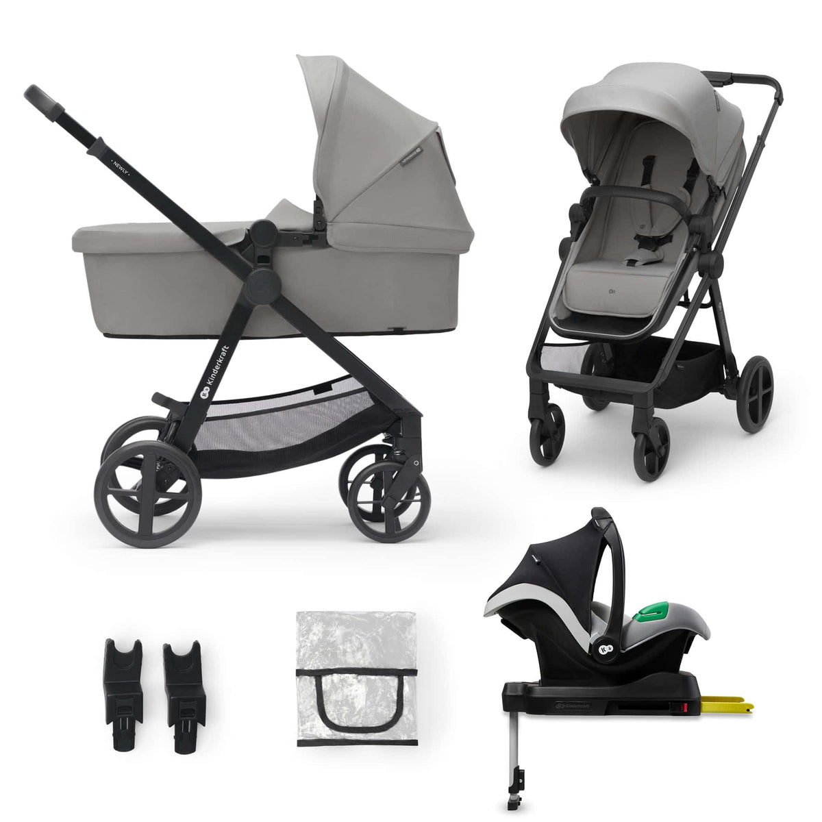 Kinderkraft Newly 4 in 1, Stroller, Pushchair, Travel System, Pram, Newborn Baby, Large Hood, Accessories, Easy Folding, Included Car Seat with ISOFIX Base, from Birth up to 22 kg, Black