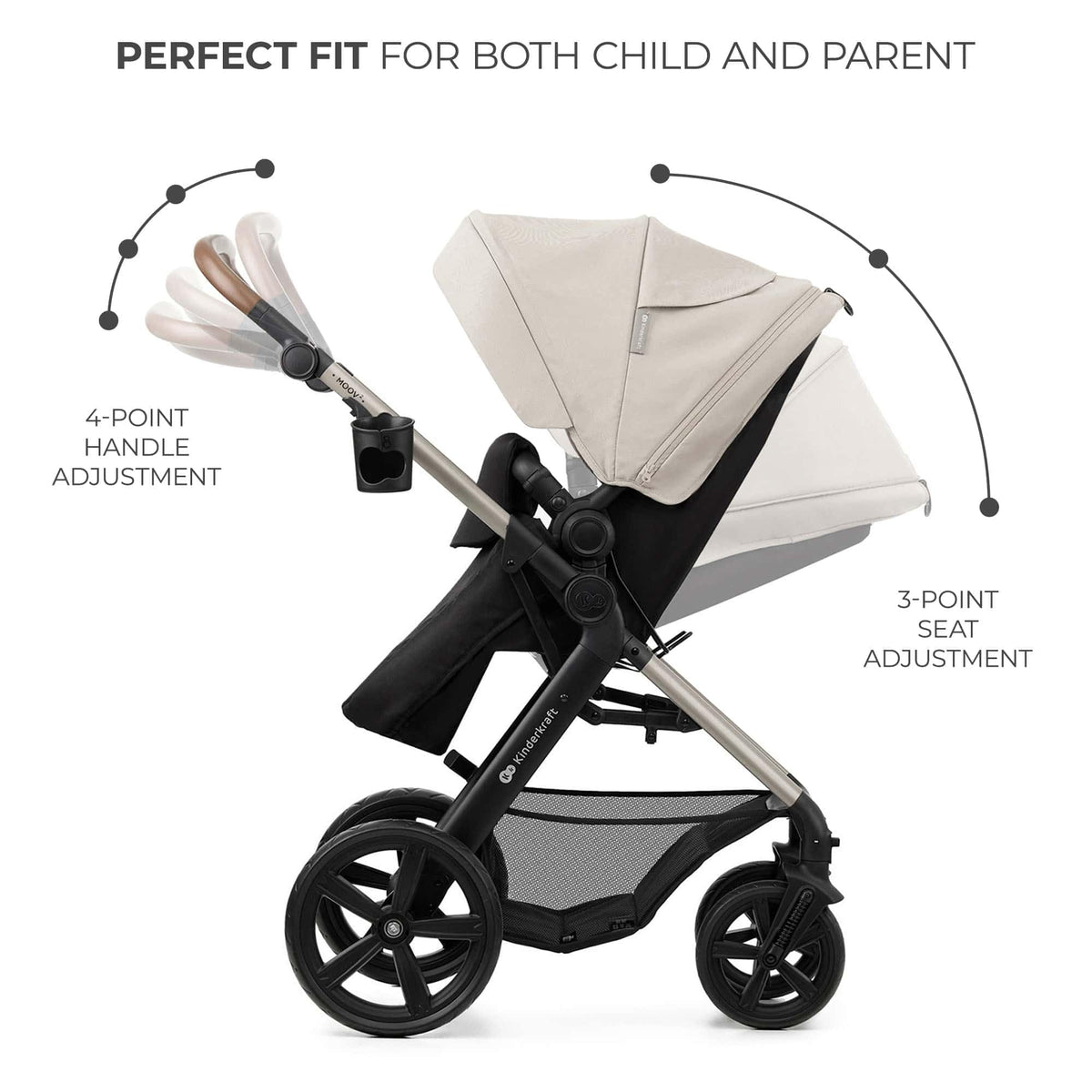 Kinderkraft MOOV 2 Pushchairs 3-in-1 Pushchair Set up to 22 kg with Child Seat I-Size 40-75 cm, Buggy Function, Adjustable Reclining Position, Large Extendable Hood, EVA Foam Wheels, Black