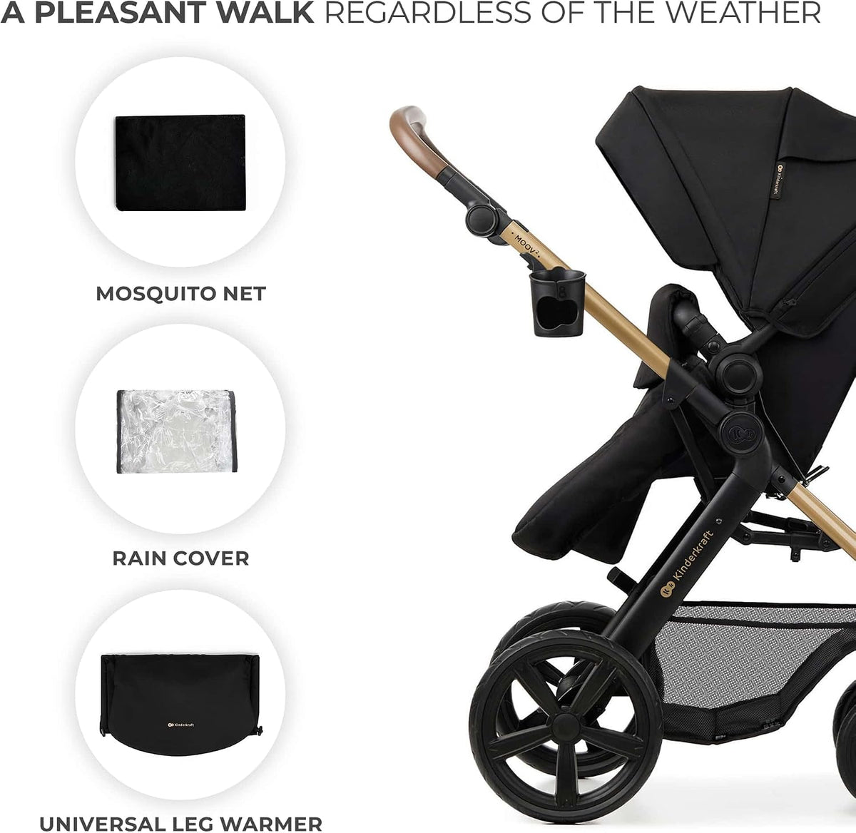 Kinderkraft MOOV 2 Pushchairs 3-in-1 Pushchair Set up to 22 kg with Child Seat I-Size 40-75 cm, Buggy Function, Adjustable Reclining Position, Large Extendable Hood, EVA Foam Wheels, Black