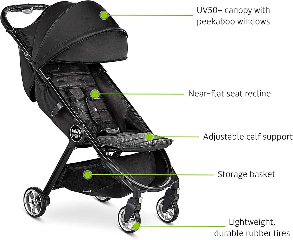 Baby Jogger City Tour 2 Travel Stroller | Ultra-Lightweight, Foldable & Compact Pushchair Buggy | Pitch Black