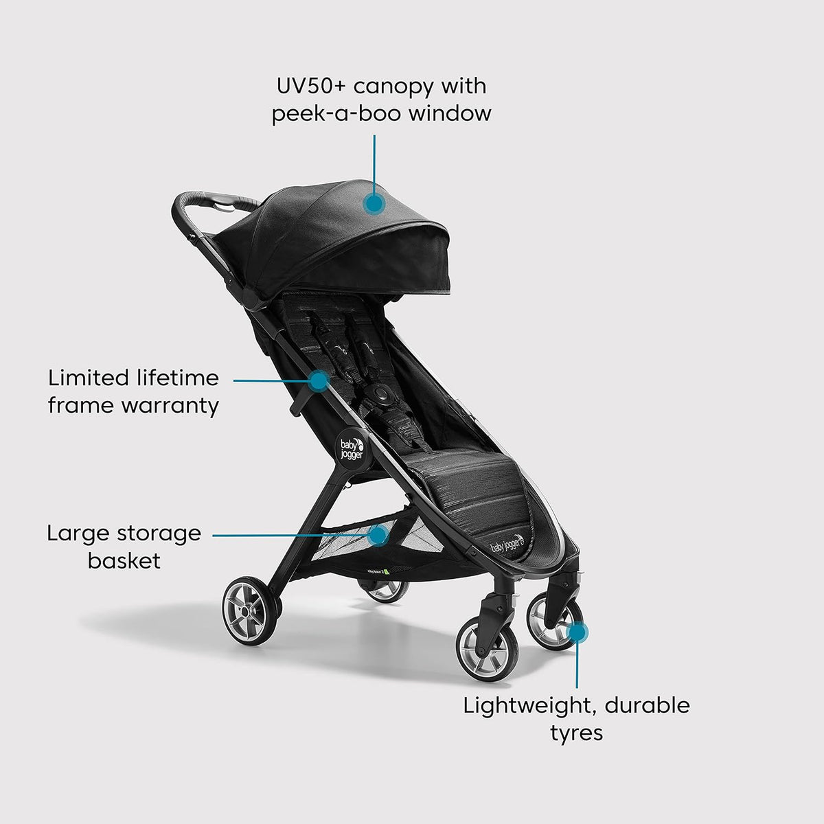 Baby Jogger City Tour 2 Travel Stroller | Ultra-Lightweight, Foldable & Compact Pushchair Buggy | Pitch Black