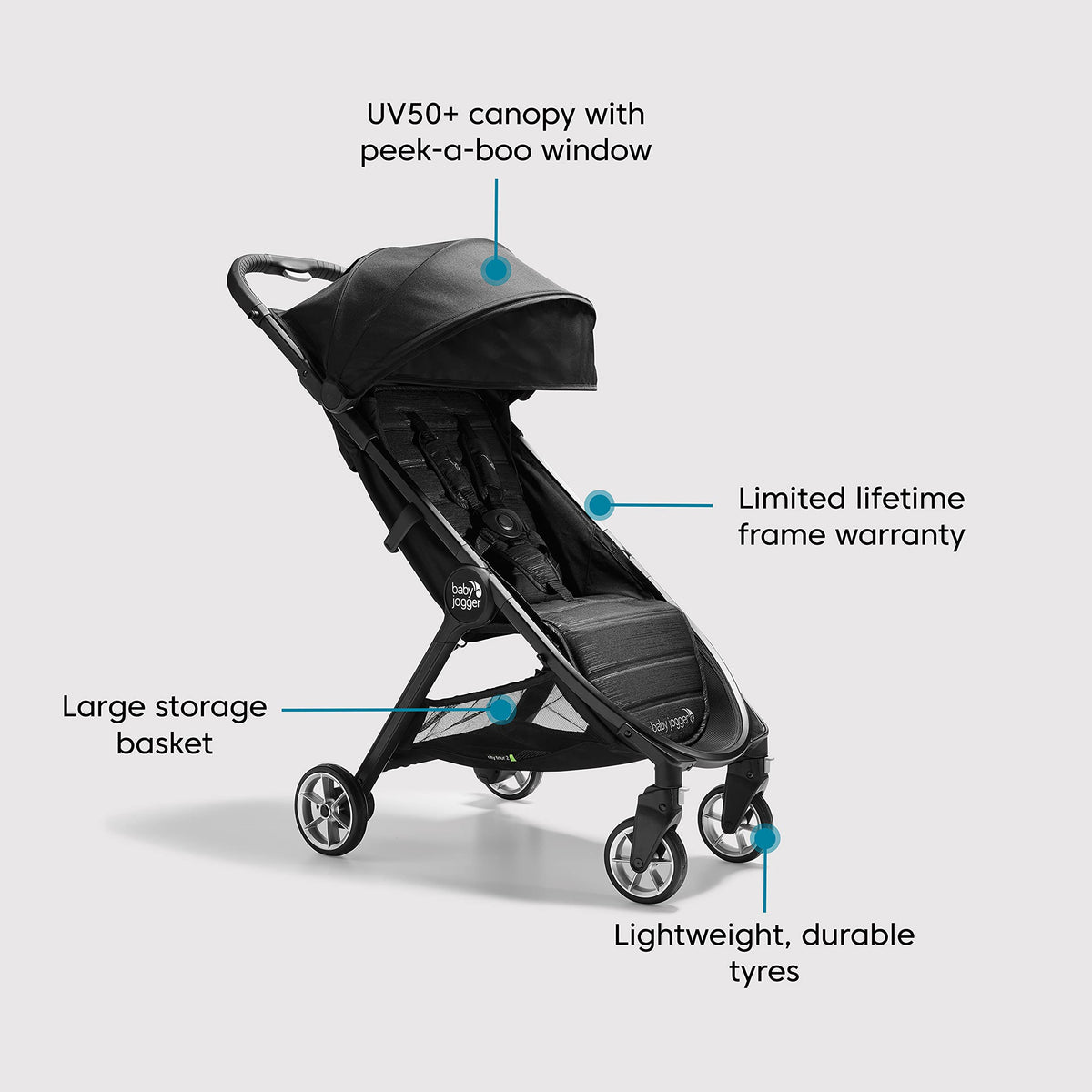 Baby Jogger City Tour 2 Travel Stroller | Ultra-Lightweight, Foldable & Compact Pushchair Buggy | Pitch Black